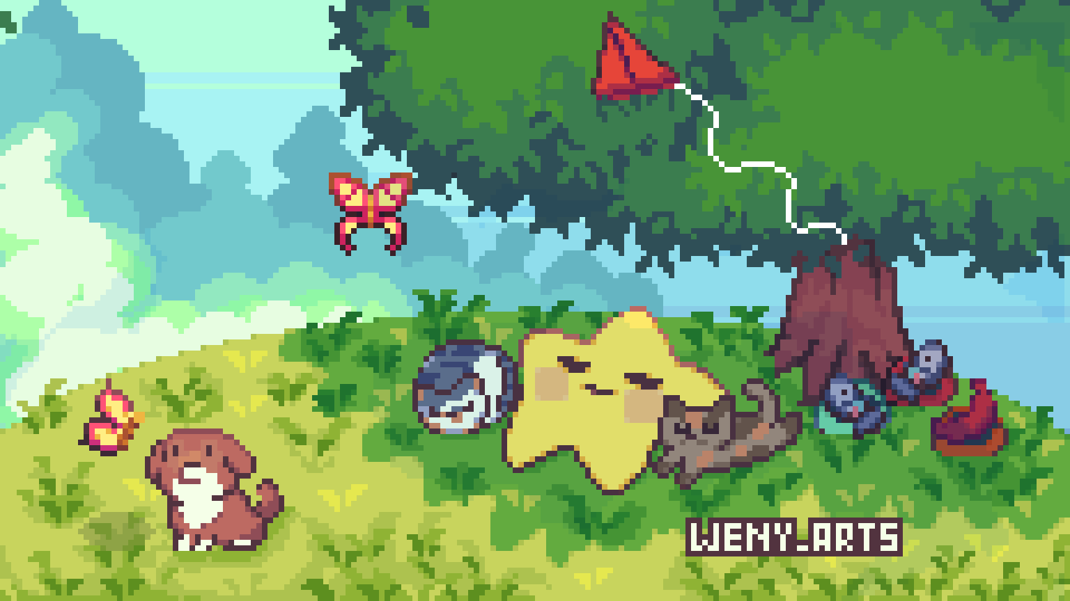Stars Taking a Nap under a Tree with her pets.